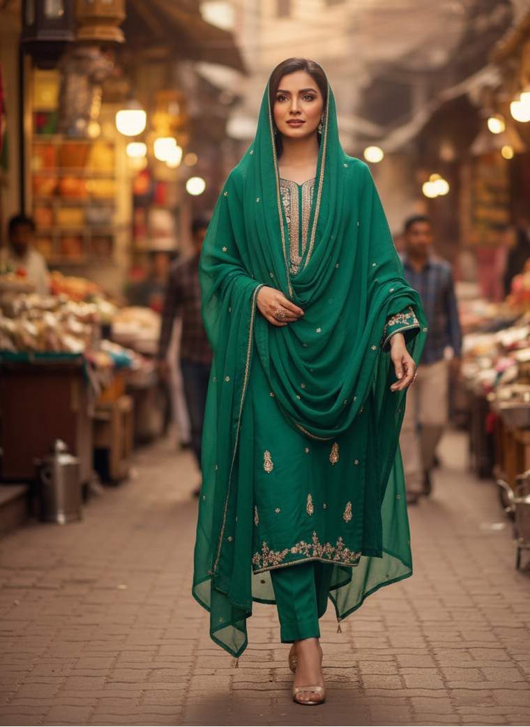 Woman in a green traditional outfit walking through a market street.