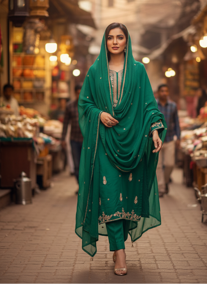 Woman in a green traditional outfit walking through a market street.